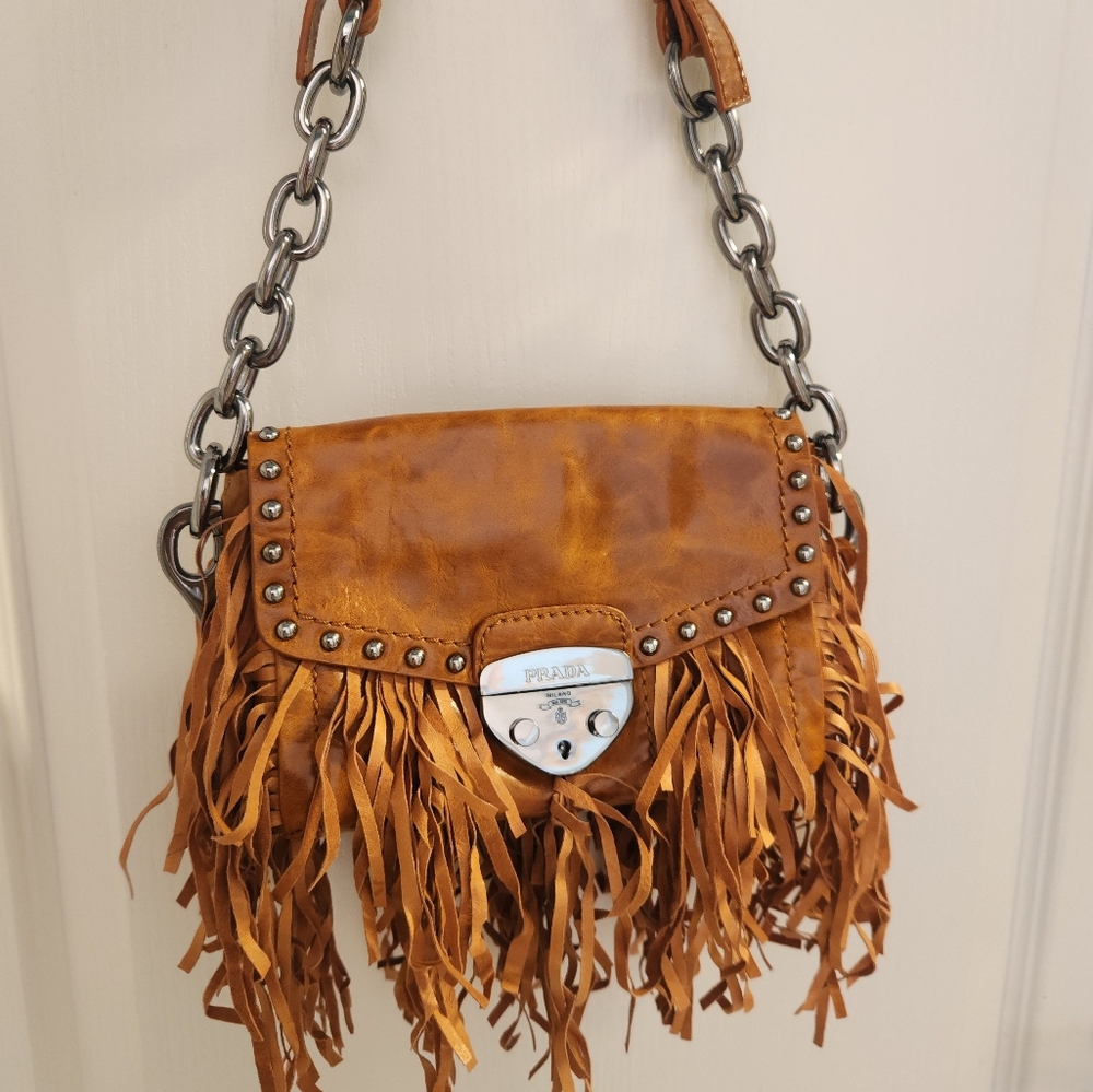 Prada Black Vitello Shine Leather Fringe Shoulder Bag